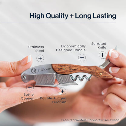 Wine Opener - Professional Corkscrew with Foil Cutter & Cap Remover, Manual Wine Key, Mahogany Wood Handle