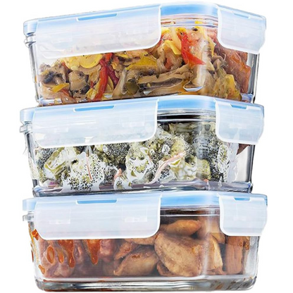 FineDine Glass Meal Prep Containers – Set of 3 Square 28 oz, Airtight & Leakproof, Microwave & Dishwasher Safe