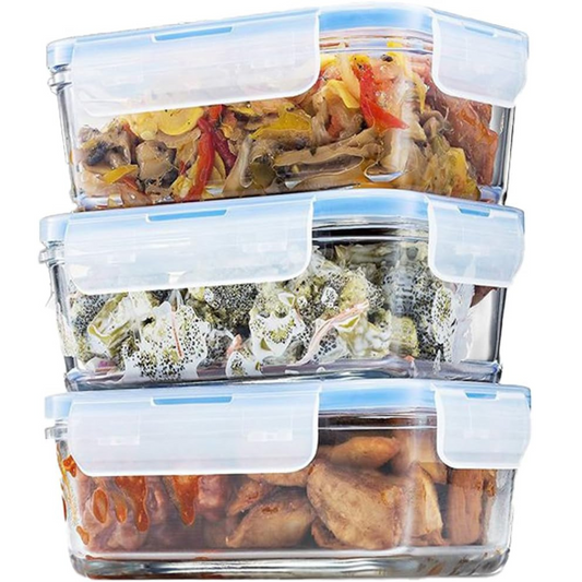 FineDine Glass Meal Prep Containers – Set of 3 Square 28 oz, Airtight & Leakproof, Microwave & Dishwasher Safe