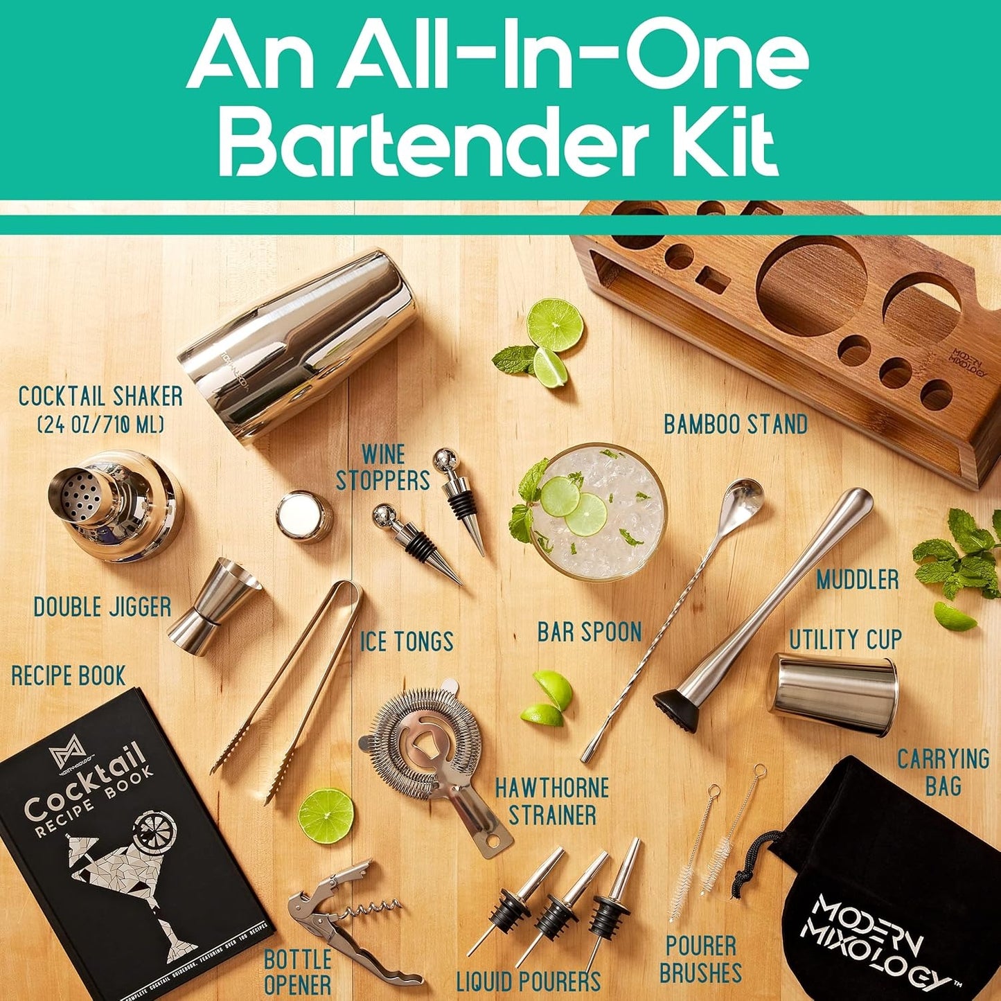 23-teiliges Bar-Set, Cocktail-Shaker-Set mit stilvollem Bambusständer | Perfekt als Bar-Werkzeug für zu Hause, Barkeeper-Werkzeugset und Martini-Cocktail-Shaker zum fantastischen Mixen von Drinks (Silber)