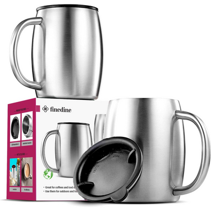 Insulated Stainless Steel Coffee Cups (Set of 2) - 414ml, BPA-Free, Spill-Proof Lid, Double Wall, Camping/Travel Mugs with Handle