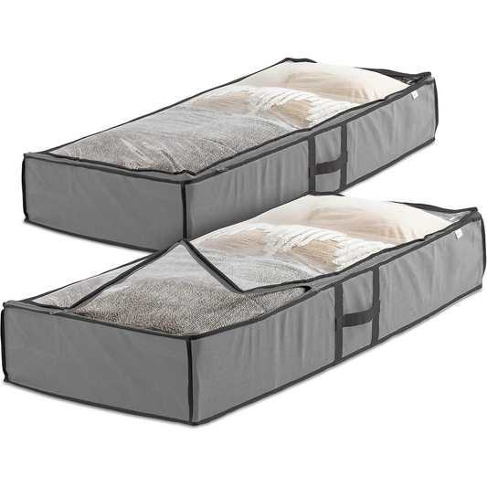 Zober Under Bed Storage - 2-Pack for Clothes, Blankets, Shoes, with Handles, Zippers & Clear Top (Gray)