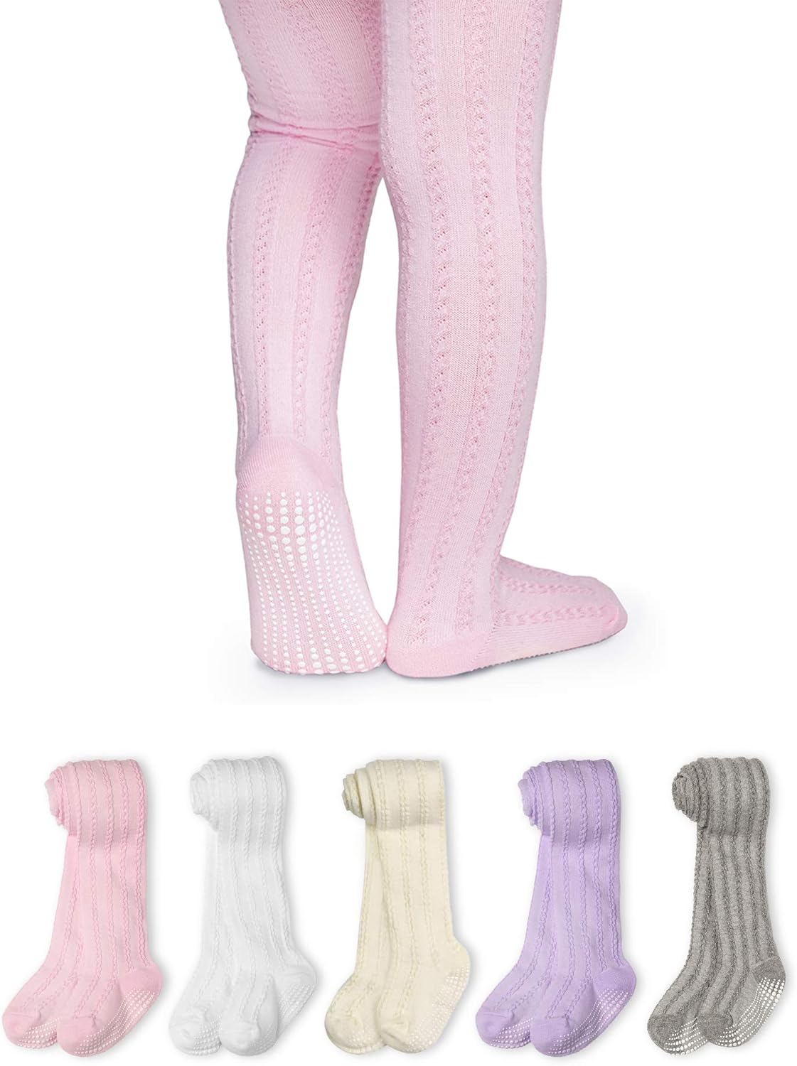 LA ACTIVE Baby Girls Tights - Cozy Cotton Cable Knit, Non-Skid Grip, Warm Winter Tights for Toddler, Infant & Newborn