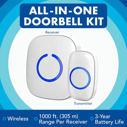 Wireless Doorbell - Battery Operated, 1000 Feet Range, LED Flash, 1 Push Button & 1 Receiver, Matte Black