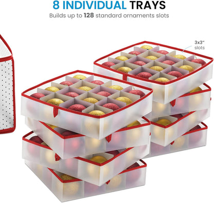 Zober Christmas Ornament Storage Box - Holds 128 Ornaments, 2-Sided Zipper, 3-Inch Cube Compartments, Red