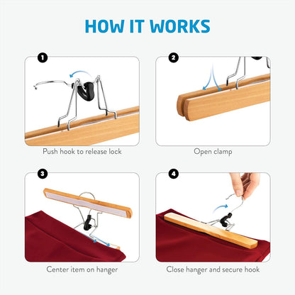 High-Grade Wooden Trouser Hangers with Clips – 10 Pack, Non-Slip Heavy Duty with 360° Swivel Hook for Skirts, Pants & Jeans