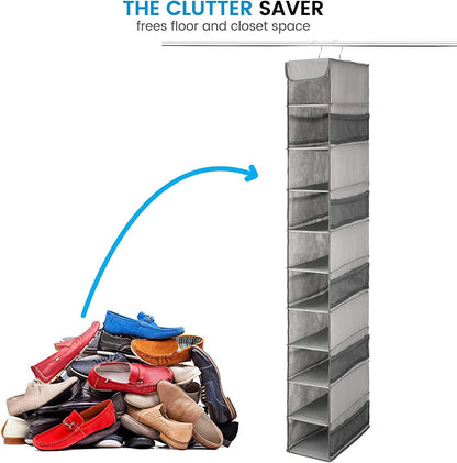ZOBER Hanging Shoe Organizer for Closet, 10 Shelves - Hanging Shoe Rack W/ Side Pockets - Narrow, Space Saving, Durable