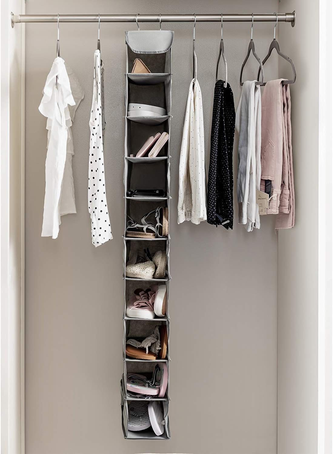 ZOBER Hanging Shoe Organizer for Closet, 10 Shelves - Hanging Shoe Rack W/ Side Pockets - Narrow, Space Saving, Durable