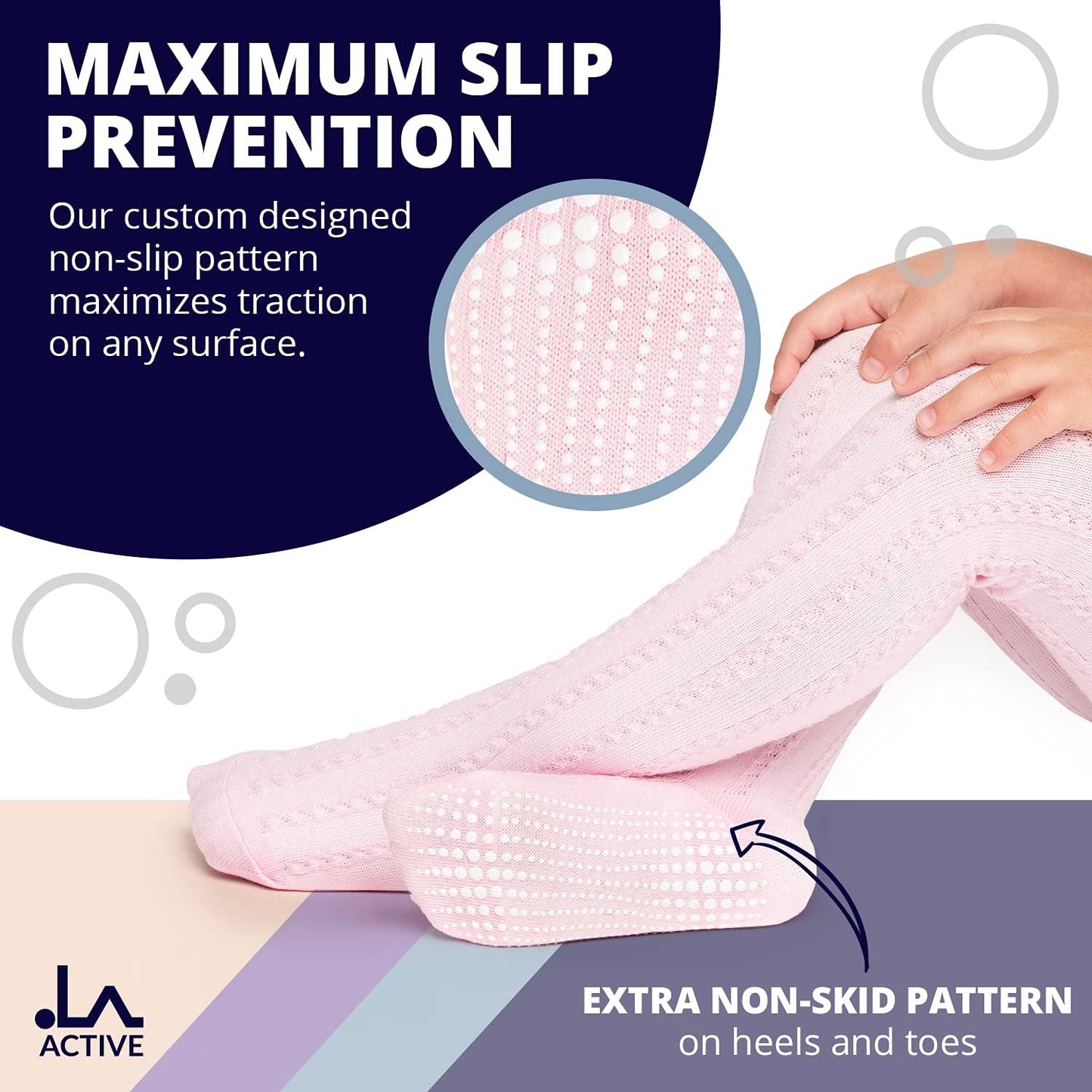 LA Active Girls Tights - Cotton Crawling Tights with Anti-Slip Stopsocks, Knitted Cable Pattern, 5 Pairs (Pink/White/Ivory/Lavender/Grey), 3-6 Months