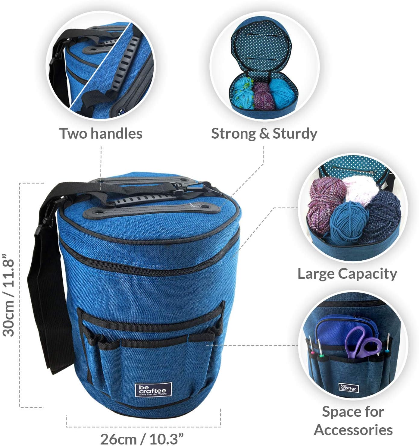 BeCraftee XL Crochet Bag – Large Yarn & Tool Organizer, 7 Pockets, Shoulder Strap, Blue