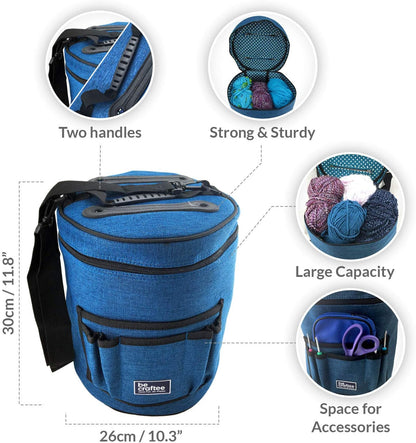 BeCraftee XL Crochet Bag – Large Yarn & Tool Organizer, 7 Pockets, Shoulder Strap, Blue