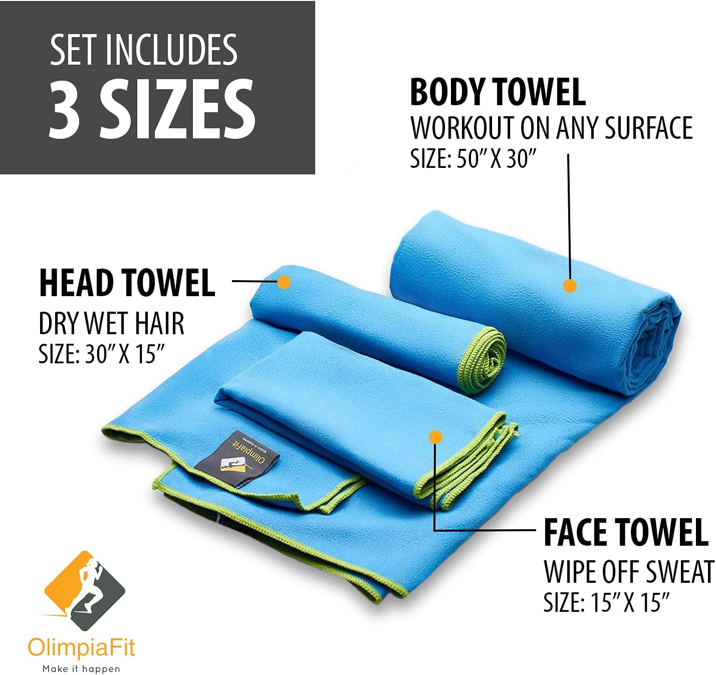OlimpiaFit Quick Dry Towels – 3-Pack Microfiber Travel Towels with Bag for Camping, Beach, Gym, Yoga