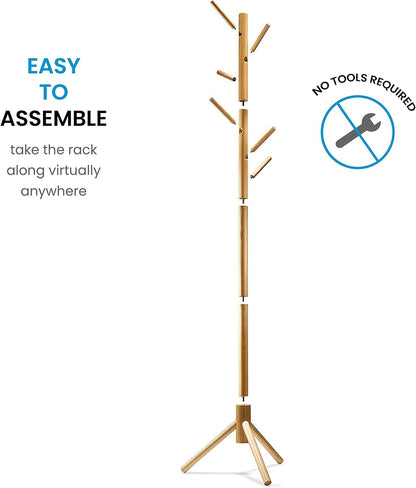 ZOBER Coat Rack Free Standing - Wooden Coat Tree W/ 6 Hooks - Coats, Purses, Hats - Adjustable Sizes, Easy Assembly - Natural