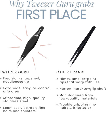 Tweezer Guru Pointed Tweezers - Precision Needle Nose Tip, Best for Eyebrows & Ingrown Hairs