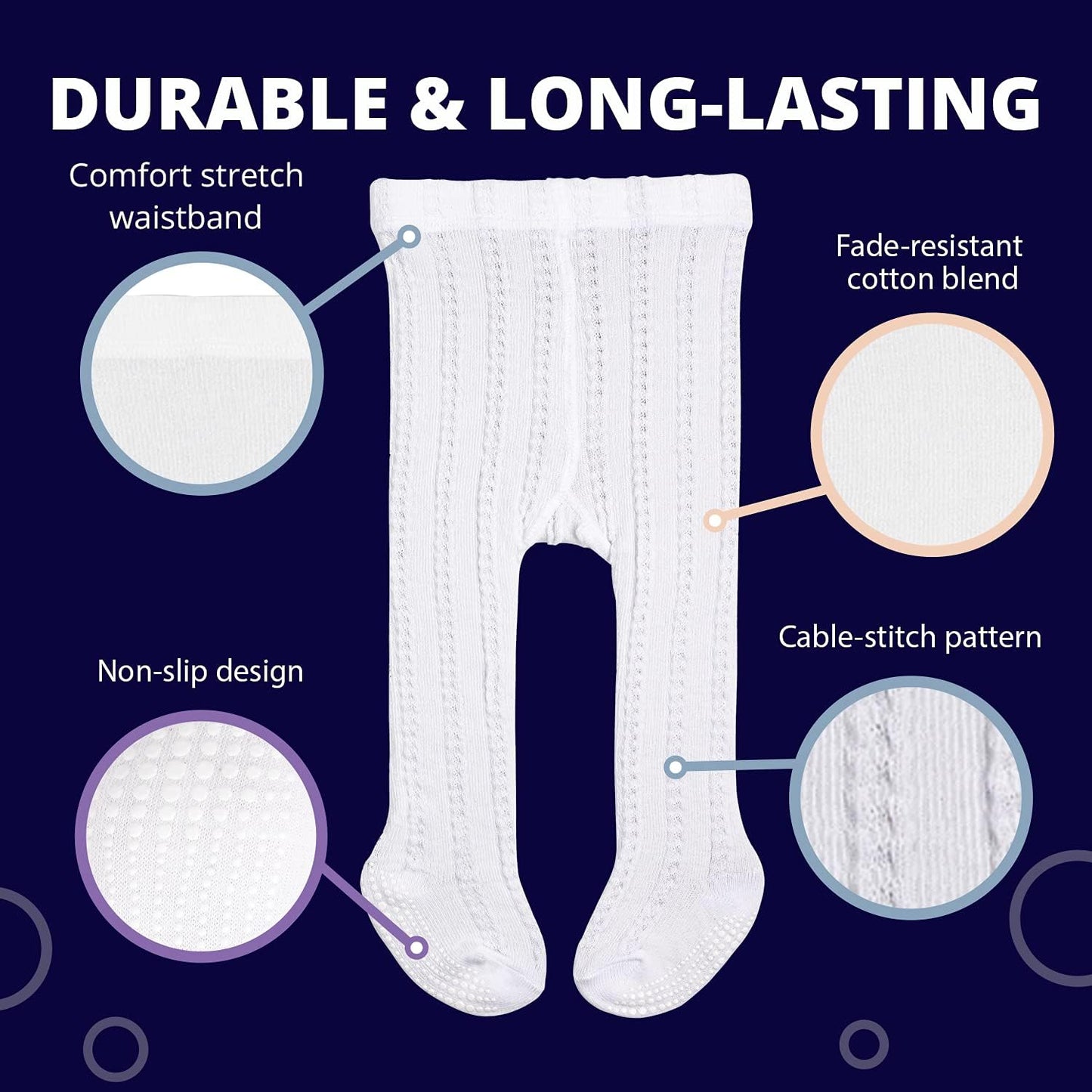 LA Active Girls Tights - Cotton Crawling Tights with Anti-Slip Stopsocks, Knitted Cable Pattern, 5 Pairs (Pink/White/Ivory/Lavender/Grey), 3-6 Months