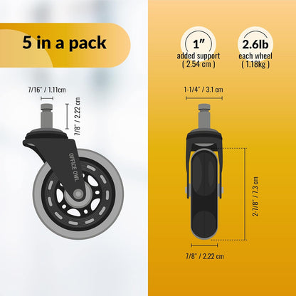 Office Owl Schreibtischstuhlrollen – Rollerblade-Rolle für universellen Stuhlrollenersatz – Set mit 5 robusten Stuhlrollen – trägt bis zu 295 kg 