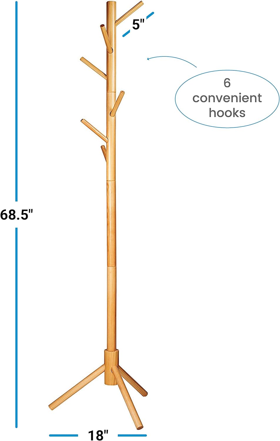 ZOBER Coat Rack Free Standing - Wooden Coat Tree W/ 6 Hooks - Coats, Purses, Hats - Adjustable Sizes, Easy Assembly - Natural