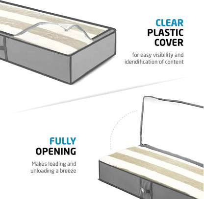 Zober Under Bed Storage - 2-Pack for Clothes, Blankets, Shoes, with Handles, Zippers & Clear Top (Gray)