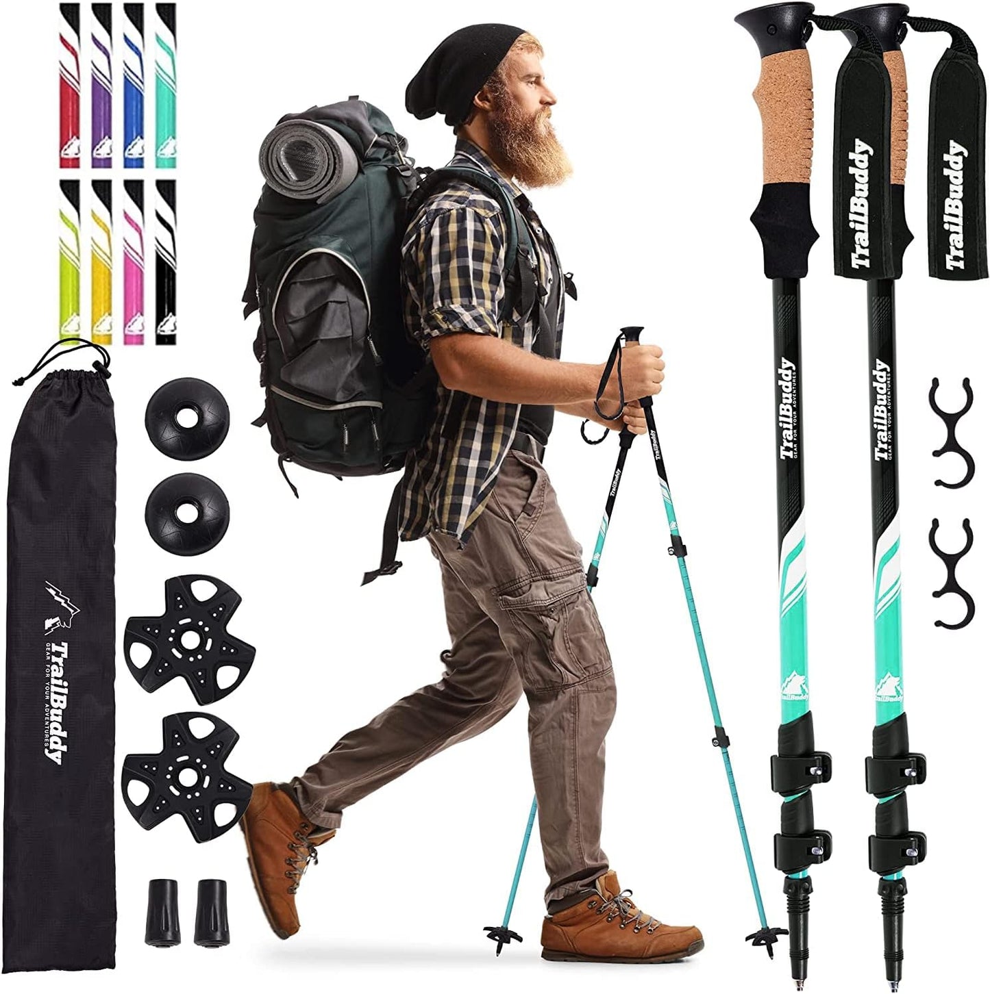 TrailBuddy Trekking Poles - Lightweight Collapsible Hiking Poles with Cork Grip, Pair of 2