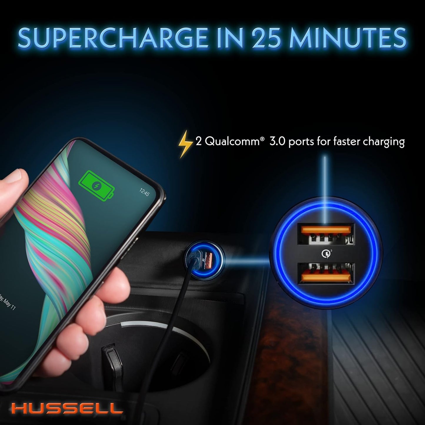 HUSSELL Schnellladegerät fürs Auto – Dual USB, Mini, Aluminium für iPhone und Android 