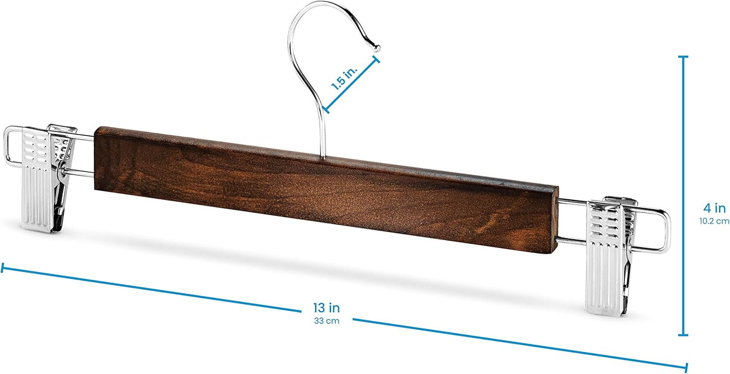 High-Grade Wooden Trouser Hangers with Clips – 10 Pack, 360° Hook, Non-Slip Adjustable Clips for Jeans, Slacks & Shorts
