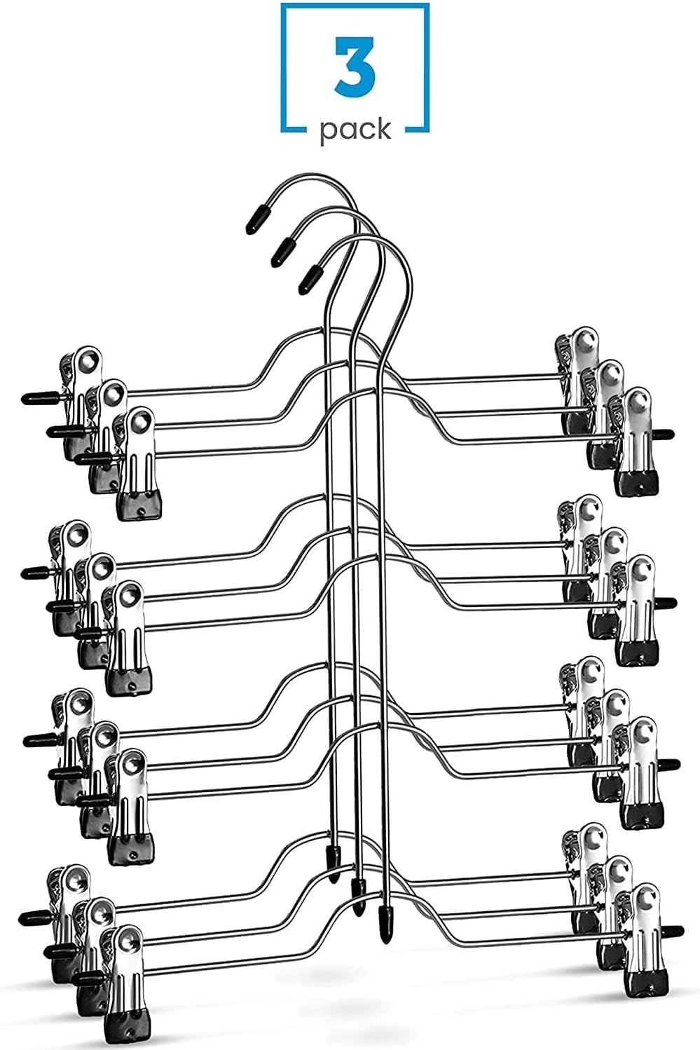 Zober 4-Tier Skirt Hangers with Clips - Non-Slip Metal, Adjustable Clips & Swivel Hooks, Space-Saving (3-Pack)