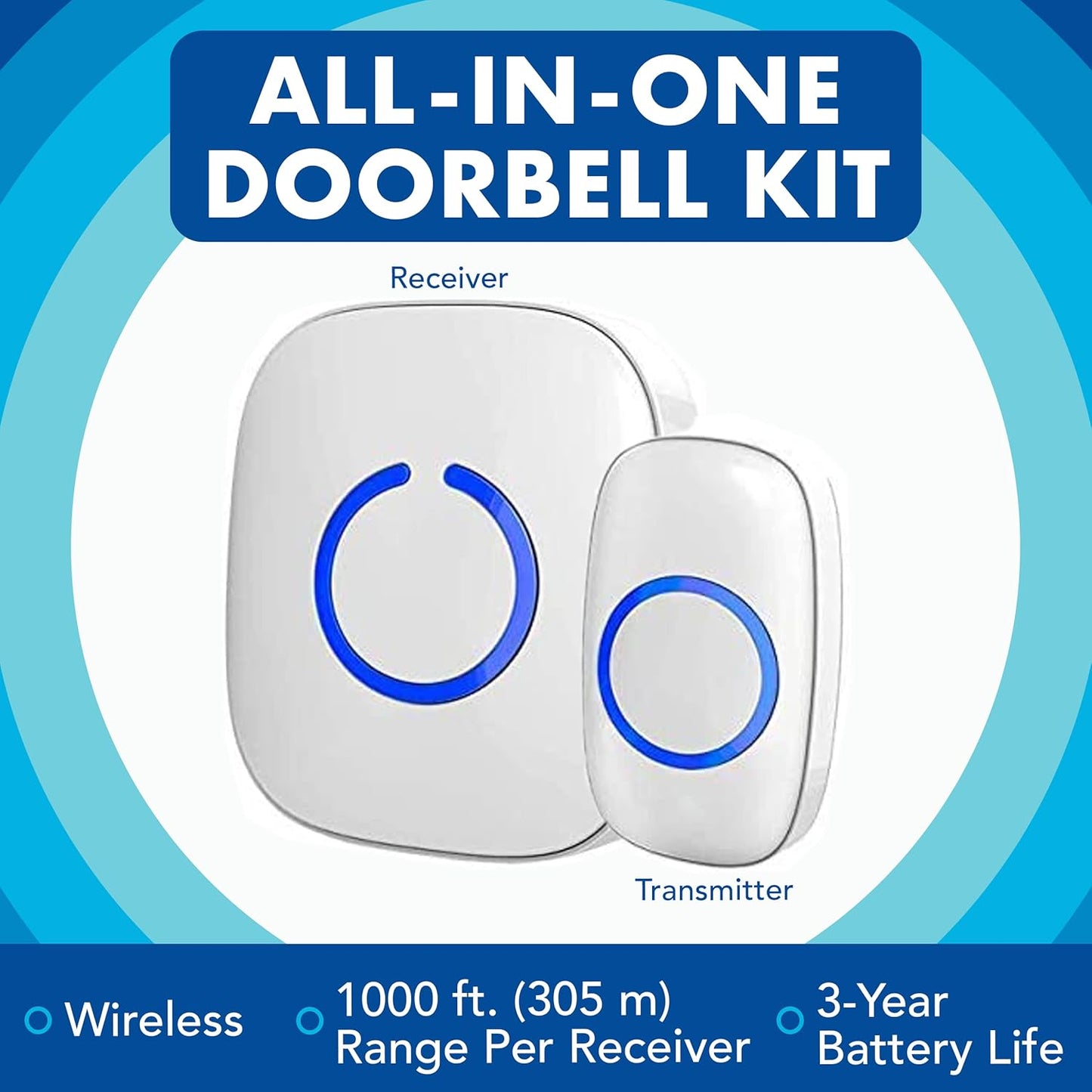 SadoTech Wireless Doorbell - 1 Ringer & 2 Receivers, LED Flash, Battery Operated, Beige