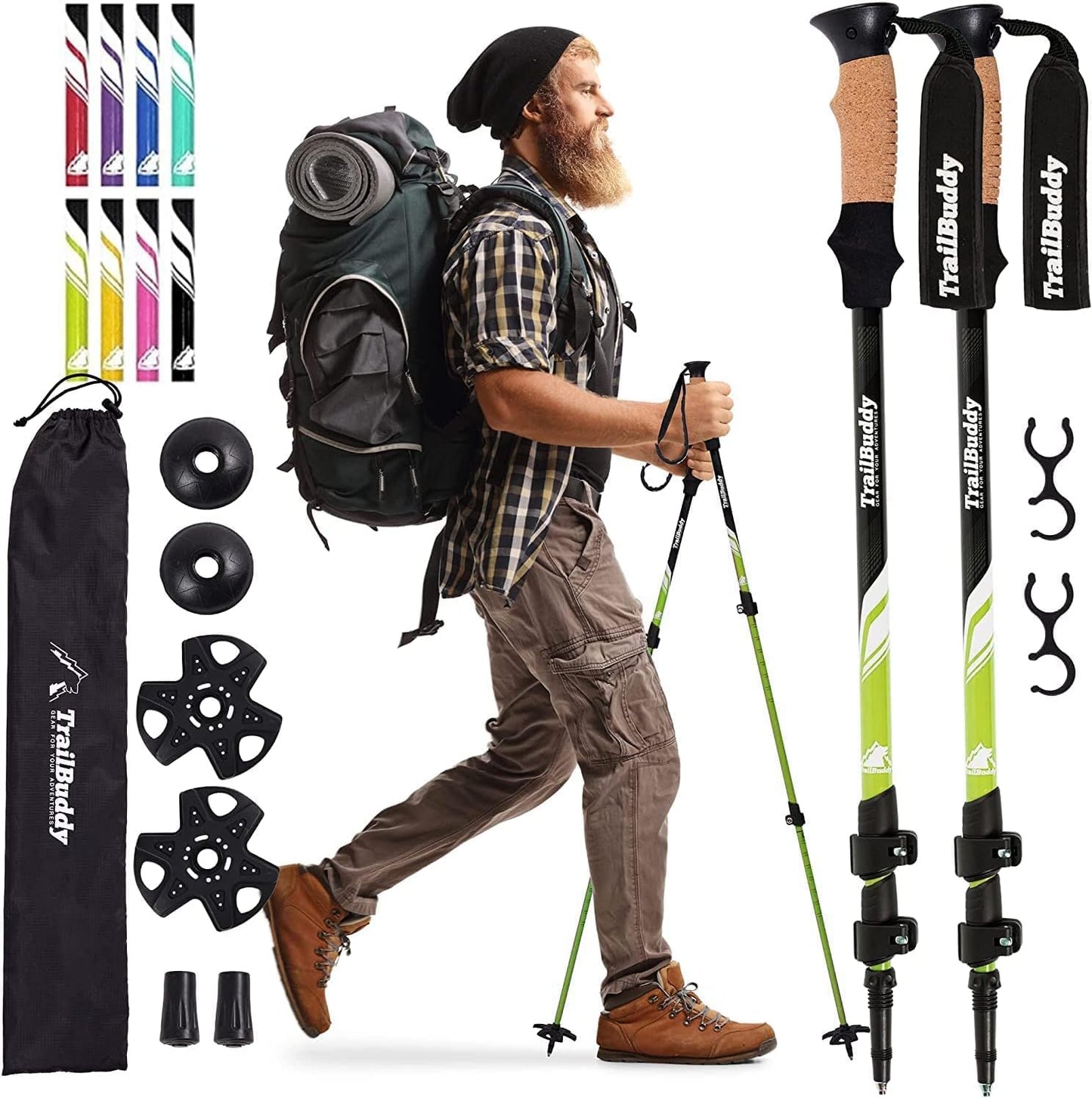 TrailBuddy Trekking Poles - Lightweight Collapsible Hiking Poles with Cork Grip, Pair of 2