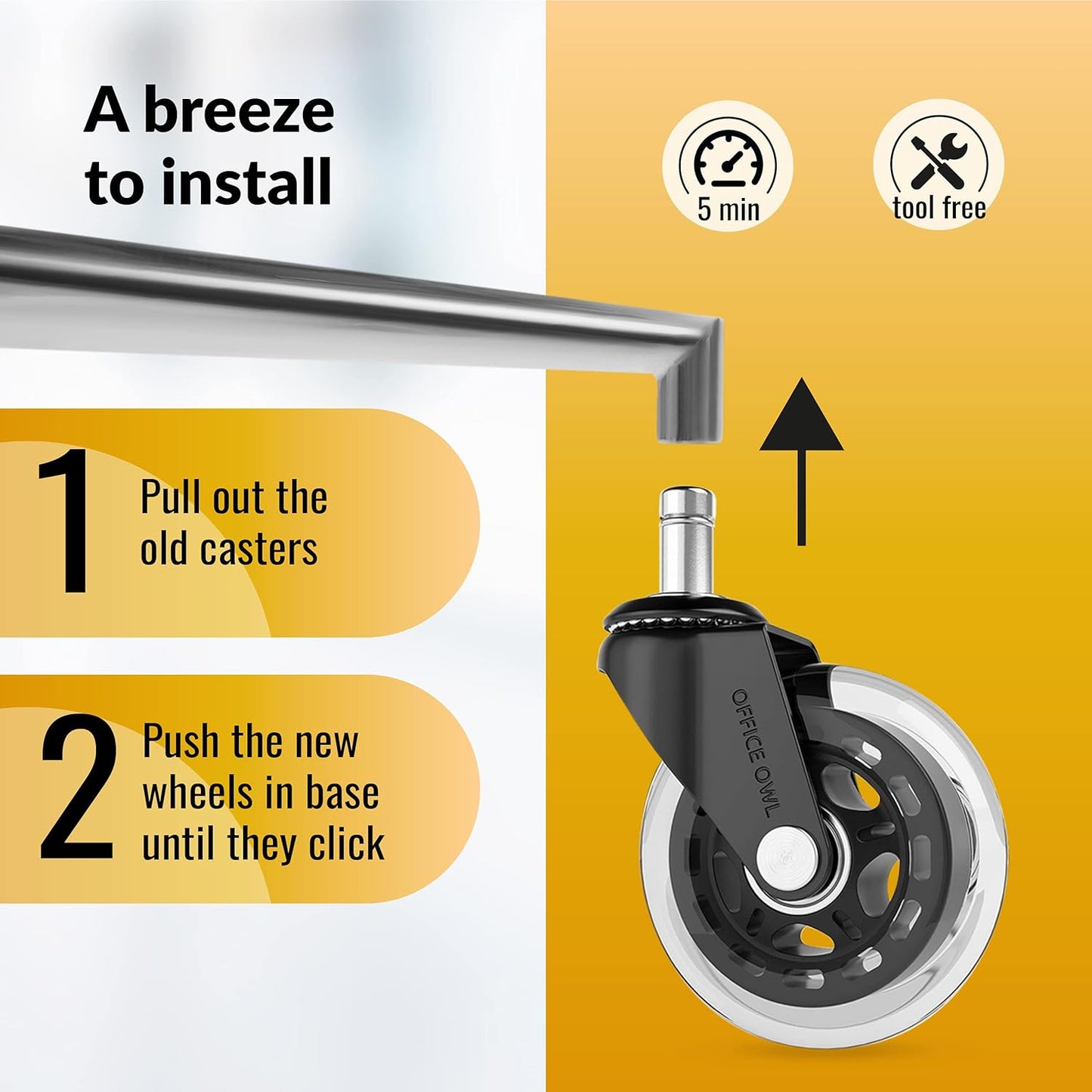 Office Owl Schreibtischstuhlrollen – Rollerblade-Rolle für universellen Stuhlrollenersatz – Set mit 5 robusten Stuhlrollen – trägt bis zu 295 kg 