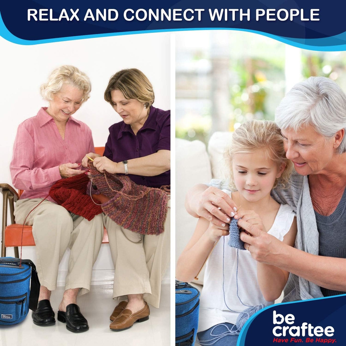 BeCraftee XL Crochet Bag – Large Yarn & Tool Organizer, 7 Pockets, Shoulder Strap, Blue