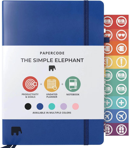 Simple Elephant 2024 Undated Planner - Monthly, Weekly, Daily, Leather Agenda, No Bleed Pages Black