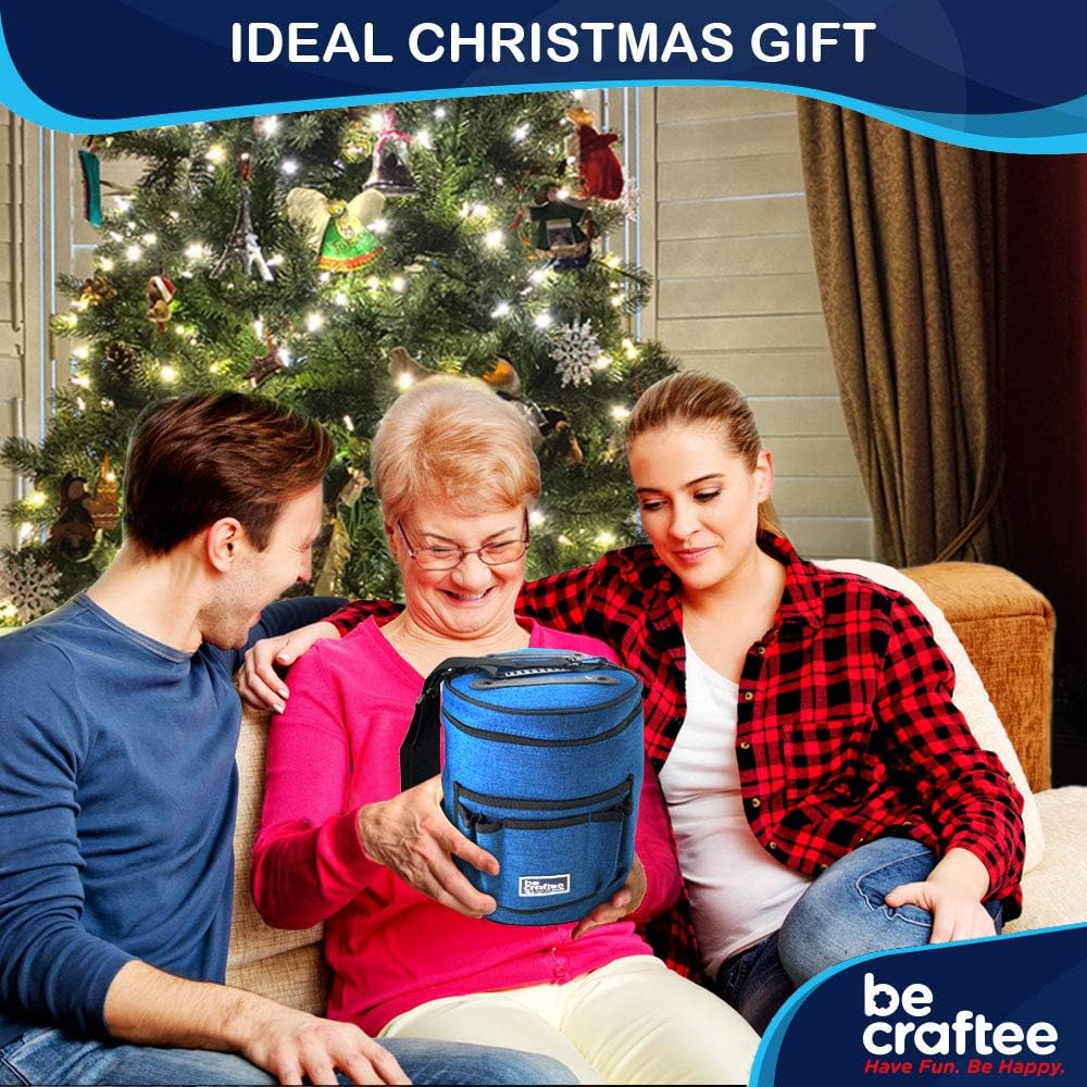 BeCraftee XL Crochet Bag – Large Yarn & Tool Organizer, 7 Pockets, Shoulder Strap, Blue