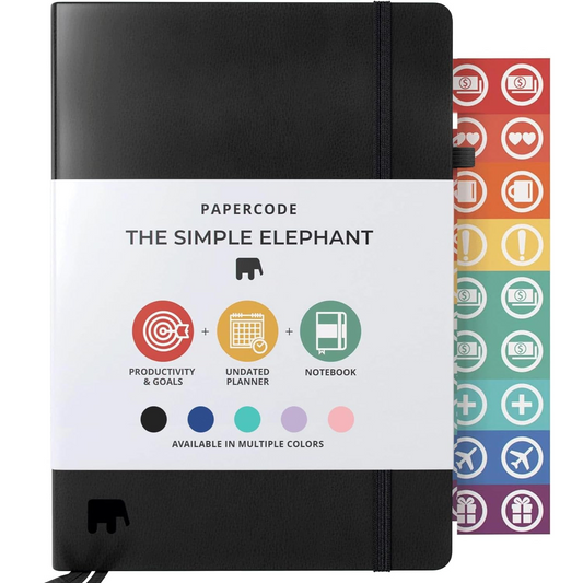 Simple Elephant 2024 Undated Planner - Monthly, Weekly, Daily, Leather Agenda, No Bleed Pages Black