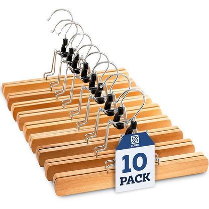 High-Grade Wooden Trouser Hangers with Clips – 10 Pack, Non-Slip Heavy Duty with 360° Swivel Hook for Skirts, Pants & Jeans