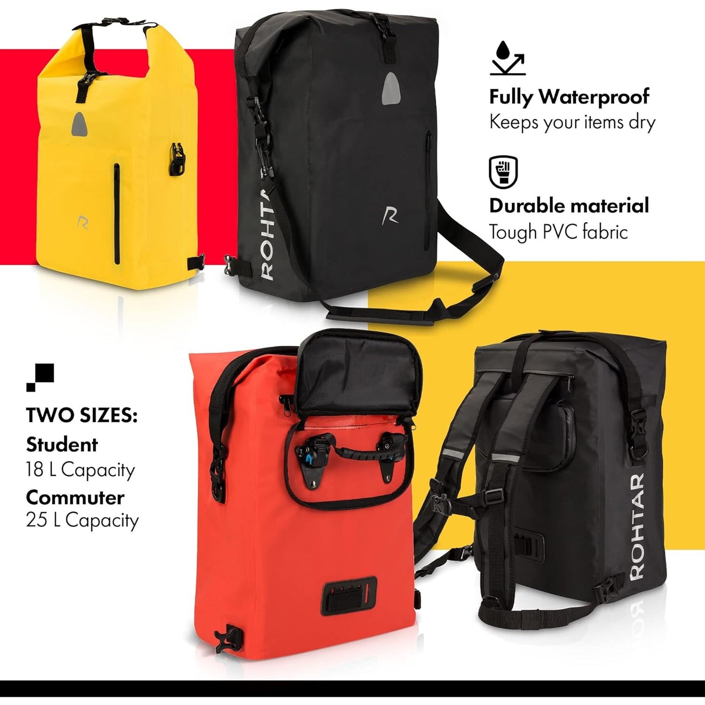 Waterproof Messenger Bag - 18L, 3-in-1 Shoulder Pack, Backpack & Pannier, Adjustable Straps & Handlebar Clamps