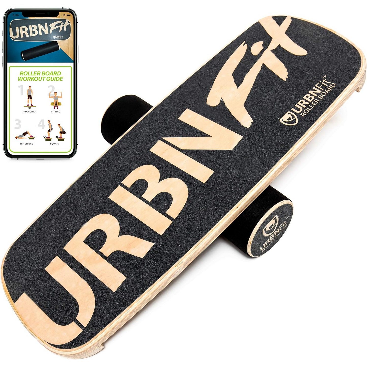 URBNFit Wooden Balance Board - Wobble Board for Skateboard, Hockey, Snowboard & Surf Training, Core Stability Workout Guide