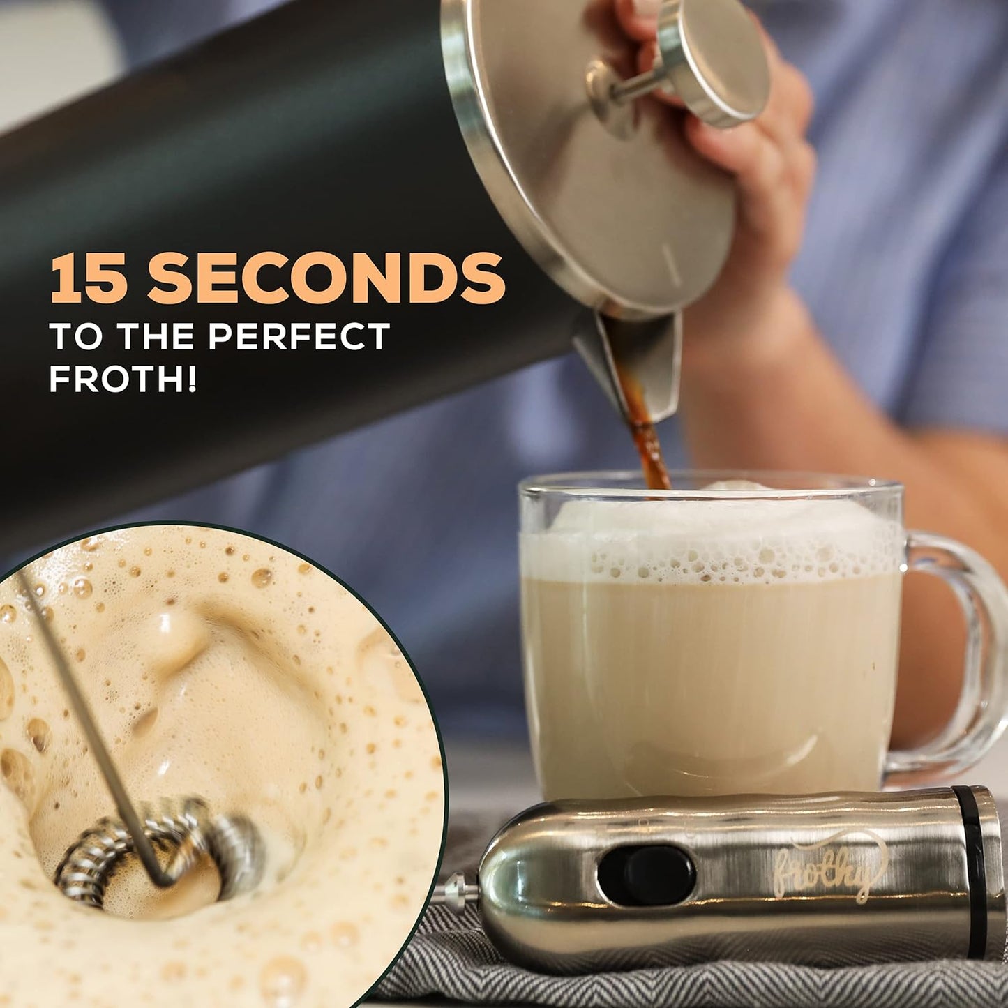 Café Casa Milchaufschäumer für Kaffee – Handgerät mit 2 Geschwindigkeiten, batteriebetrieben, Getränkemixer und Mini-Schaumbereiter aus Edelstahl – Elektrischer Schneebesen für Kaffee, Latte Macchiato, heiße Schokolade und Shakes 