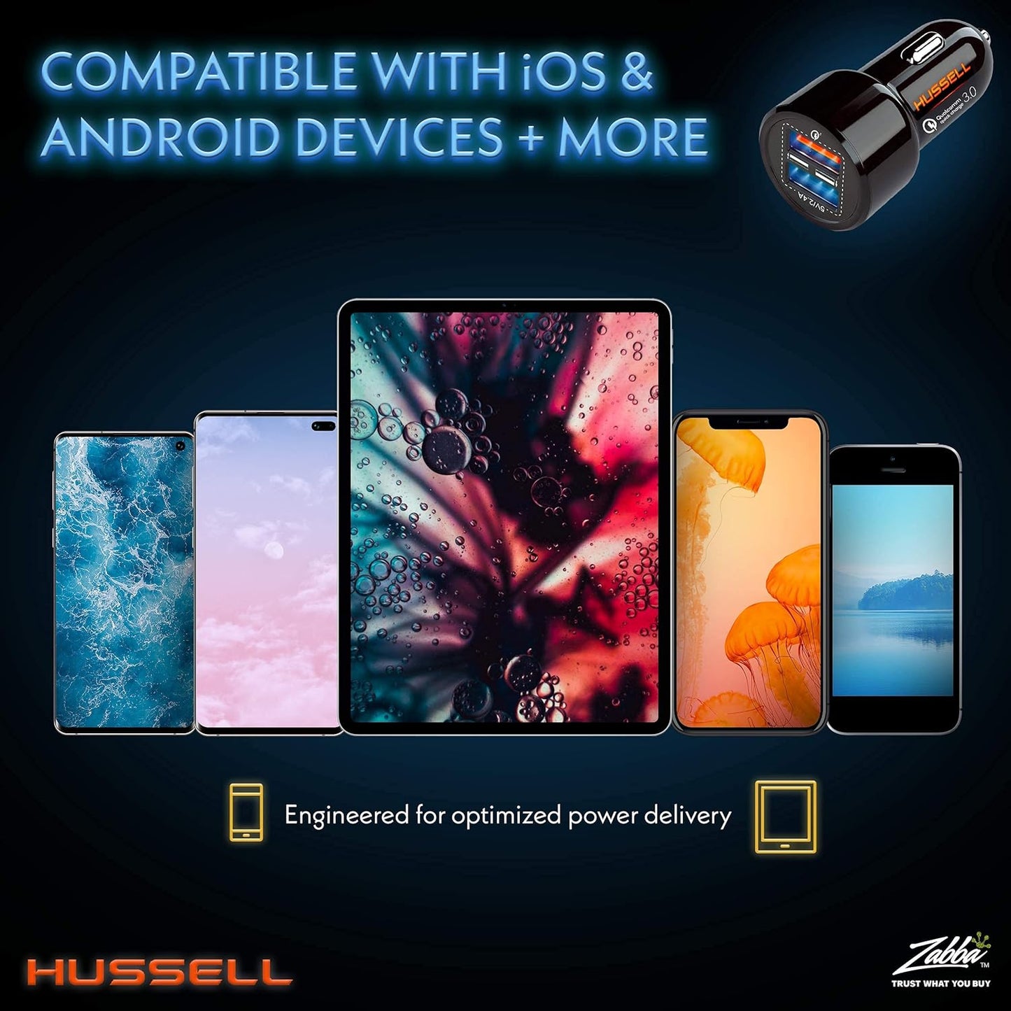 Hussell Car Charger - Dual USB Ports, Fast Charging for iPhone & Android