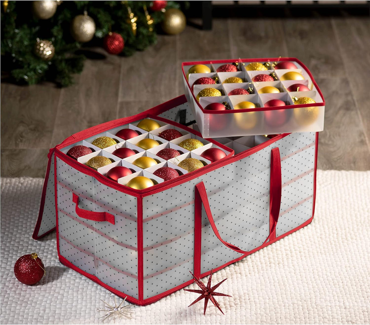 Zober Christmas Ornament Storage Box - Holds 128 Ornaments, 2-Sided Zipper, 3-Inch Cube Compartments, Red
