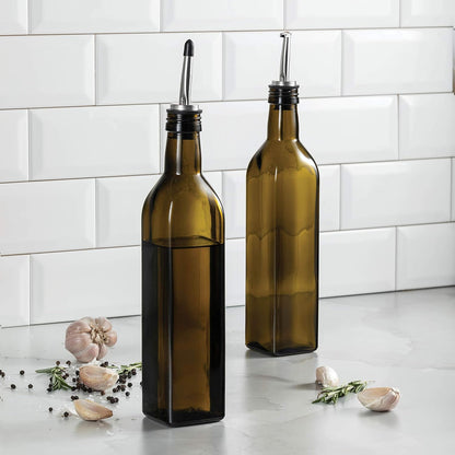 Olive Oil & Vinegar Dispenser Set - Slim Amber Glass Bottles, 4 Pouring Spouts & Labels
