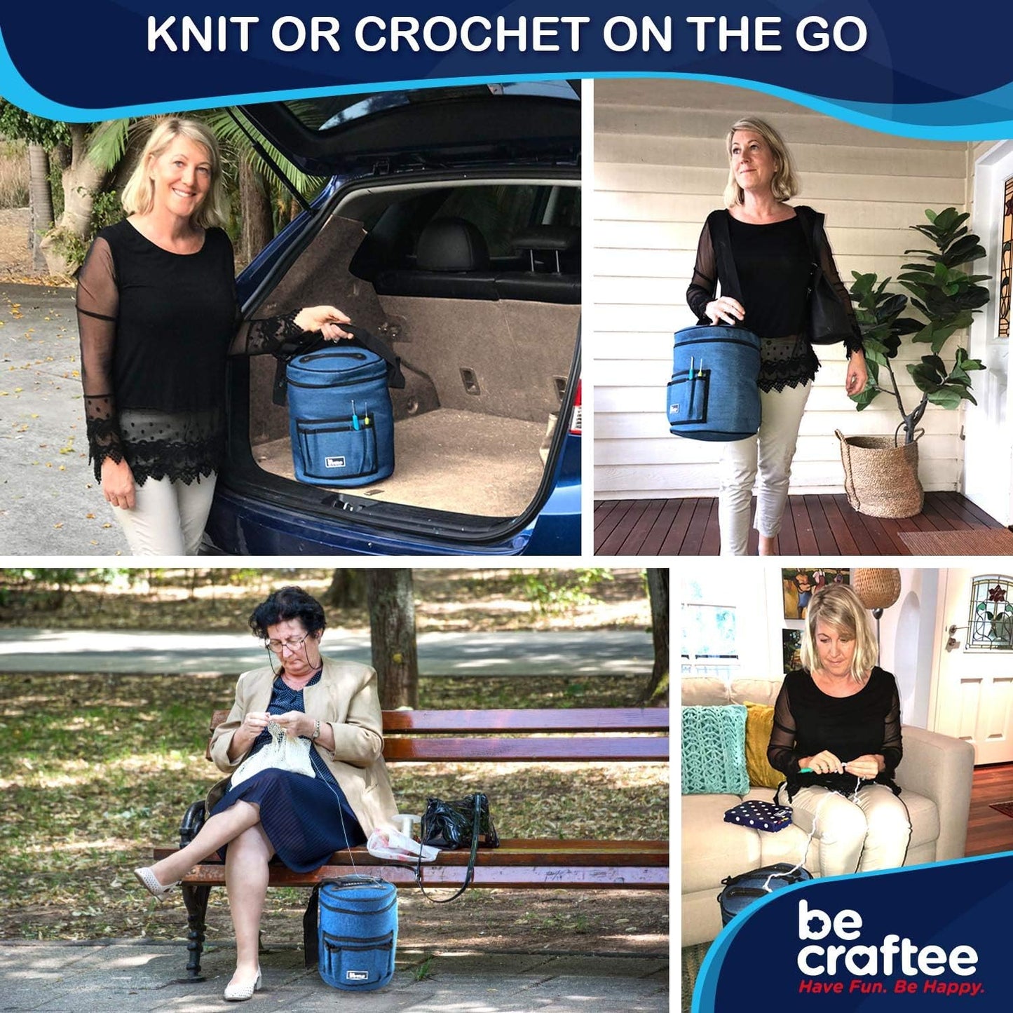 BeCraftee XL Crochet Bag – Large Yarn & Tool Organizer, 7 Pockets, Shoulder Strap, Blue