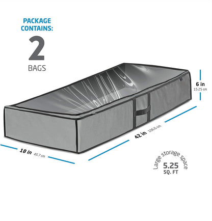 Zober Under Bed Storage - 2-Pack for Clothes, Blankets, Shoes, with Handles, Zippers & Clear Top (Gray)