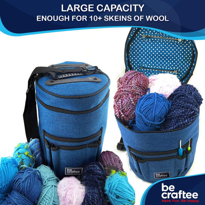 BeCraftee XL Crochet Bag – Large Yarn & Tool Organizer, 7 Pockets, Shoulder Strap, Blue
