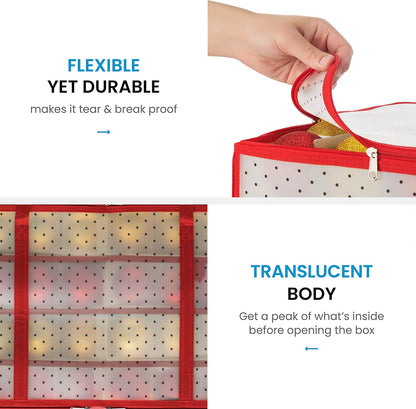 Zober Christmas Ornament Storage Box - Holds 128 Ornaments, 2-Sided Zipper, 3-Inch Cube Compartments, Red