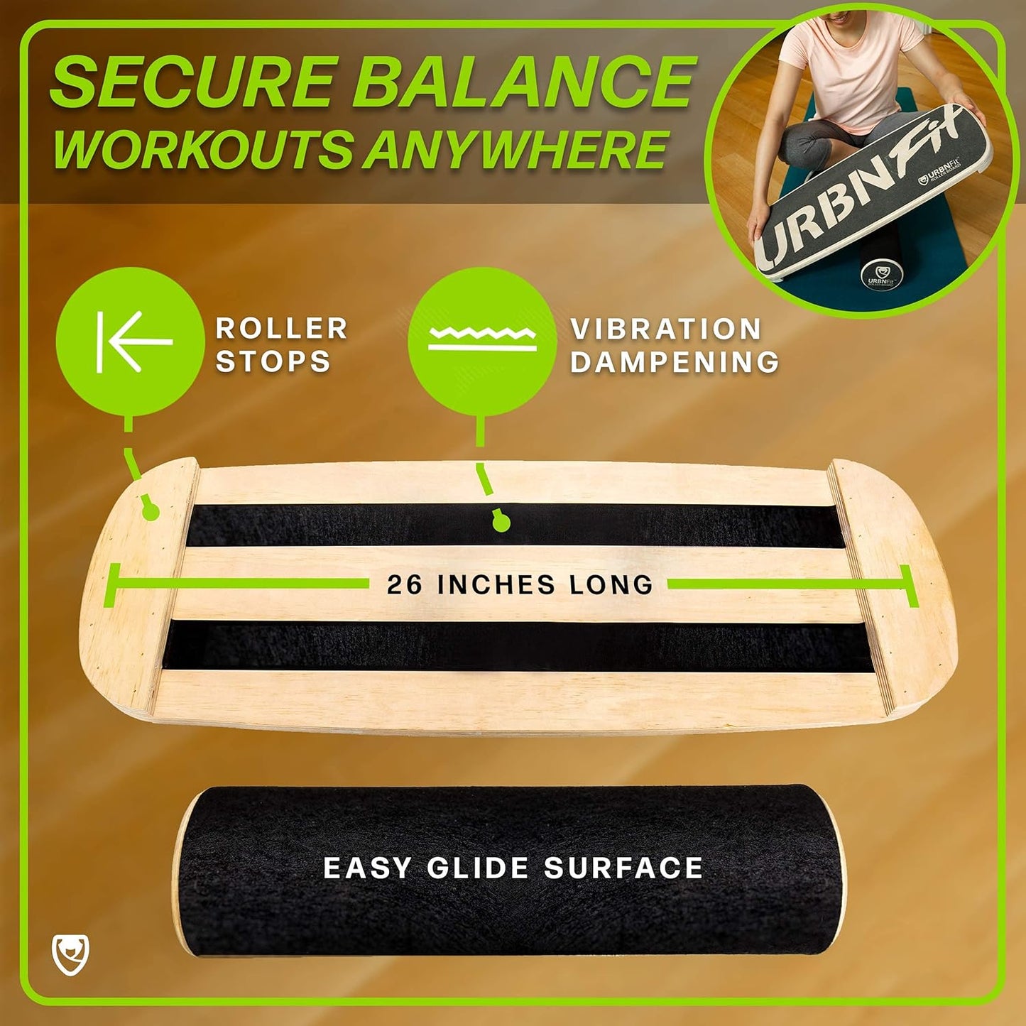 URBNFit Wooden Balance Board - Wobble Board for Skateboard, Hockey, Snowboard & Surf Training, Core Stability Workout Guide