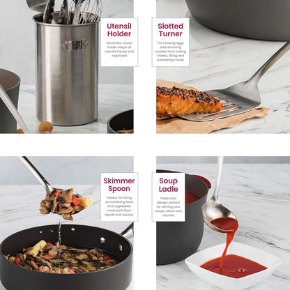 FineDine Küchenhelfer-Set aus Edelstahl – 10-teiliges, hochwertiges, antihaftbeschichtetes und hitzebeständiges Küchenhelfer-Set, Pfannenwender, Spaghettiheber, Schöpfkelle, Servierlöffel, Schneebesen, Zange, Kartoffelstampfer und Utensilienhalter 