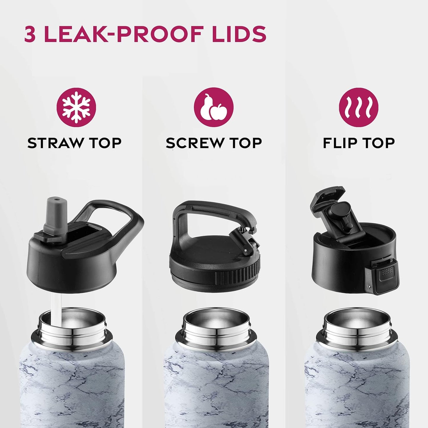 Dreiwandige, isolierte Wasserflaschen von FineDine mit Strohhalm – Edelstahl-Metallflasche mit 3 auslaufsicheren Deckeln – Für Reisen, Schule, Sport, Fitnessstudio/Männer, Frauen und Kinder 