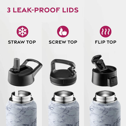 Dreiwandige, isolierte Wasserflaschen von FineDine mit Strohhalm – Edelstahl-Metallflasche mit 3 auslaufsicheren Deckeln – Für Reisen, Schule, Sport, Fitnessstudio/Männer, Frauen und Kinder 