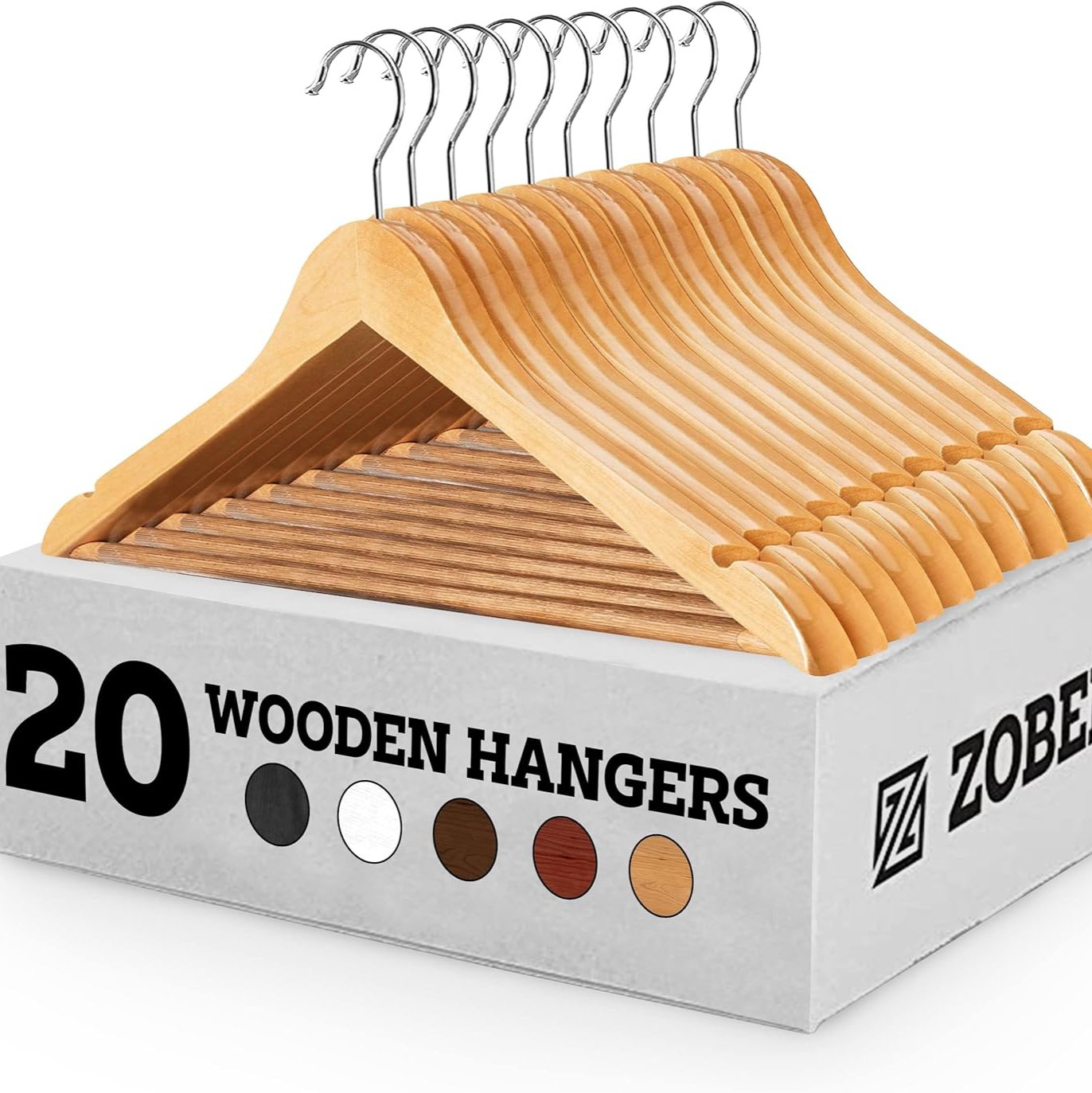 Wooden Hangers - 20 Pack, Heavy Duty Non-Slip Hangers for Coats, Jackets, Suits, Pants, with Bar & Notches