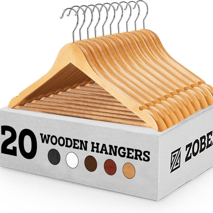 Wooden Hangers - 20 Pack, Heavy Duty Non-Slip Hangers for Coats, Jackets, Suits, Pants, with Bar & Notches